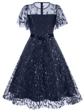 Load image into Gallery viewer, Baby Grey Semi Mesh Leaf Sequins Embroidered Short Sleeve 1950S Swing Dress