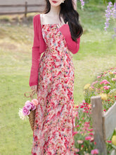 Load image into Gallery viewer, 2PS Rose Floral Print Spaghetti Strap 1950S Vintage Dress With Pink Long Sleeve Cardigan