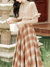 Load image into Gallery viewer, 3PS Brown Knitted Sweater Top Cape With Plaid Skirt Vintage 1950s Suits