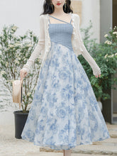 Load image into Gallery viewer, 2PS Blue Rose Spaghetti Strap 1950S Vintage Dress With Long Sleeve Ruffles Cardigan