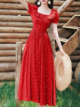 Load image into Gallery viewer, 1950S Vintage Red Polka Dots Square Collar Swing Dress