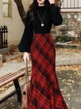 Load image into Gallery viewer, 2PS Black Sweater And Red Plaid Fishtail Skirt 1950S Vintage Audrey Hepburn's Style Outfits