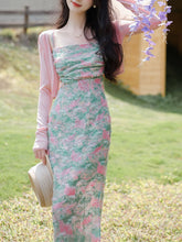 Load image into Gallery viewer, 2PS Green Floral Print Spaghetti Strap 1950S Vintage Dress With Pink Long Sleeve Cardigan