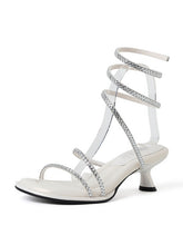 Load image into Gallery viewer, Women&#39;s Square Toe Rhinestones Stiletto Sandals Leather Vintage Shoes