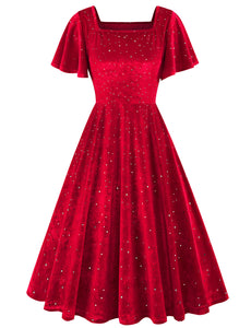 Christmas Green Square Collar Sequins Velvet 1950S Vintage Swing Dress