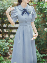 Load image into Gallery viewer, Blue Peter Pan Collar Puff Sleeve Fall 1950S Flower Vintage Dress