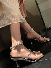 Load image into Gallery viewer, Women&#39;s Square Toe Flower Rhinestones Stiletto Sandals Leather Vintage Shoes