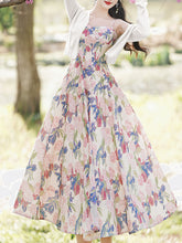 Load image into Gallery viewer, 2PS White Floral Print Spaghetti Strap 1950S Vintage Dress With Long Sleeve Ruffles Cardigan