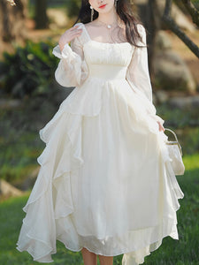 White Square Collar Long Sleeve Ruffles Vintage 1950S Dress
