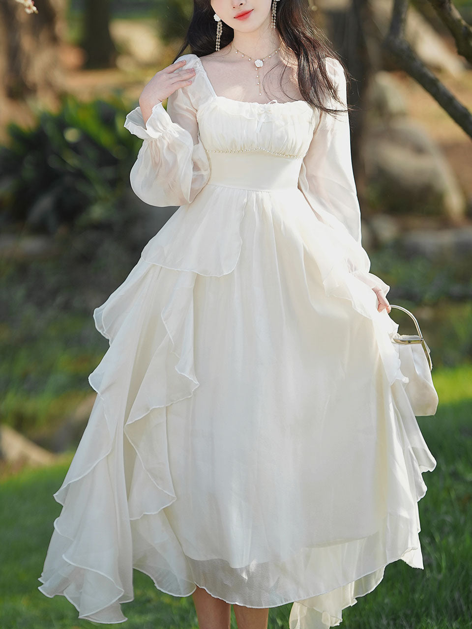 White Square Collar Long Sleeve Ruffles Vintage 1950S Dress, White / M