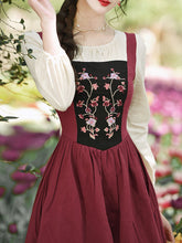 Load image into Gallery viewer, Wine Red Square Collar Cottagecore Long Sleeve Vintage 1950S Swing Dress With Scarf