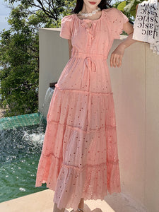 Women's Bohemian Pink A Line Summer Embroidery Fabric Robe Maxi Dress