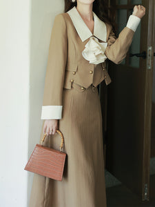 2PS Khaki Cascade Collar Coat and Swing Skirt Vintage 1950S Dress Suit