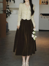 Load image into Gallery viewer, White Lace V Neck Top and Brown Velvet Swing Skirt Dress Set