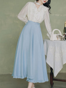 1950S Vintage Embroidered  White Shirt And Blue Swing Skirt Set
