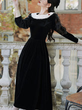 Load image into Gallery viewer, White Bertha Collar 1950S Black Velvet Hepburn Style Vintage Dress
