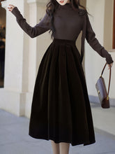 Load image into Gallery viewer, Brown Flower Turtleneck Sweater and Velvet Swing Skirt Dress Set