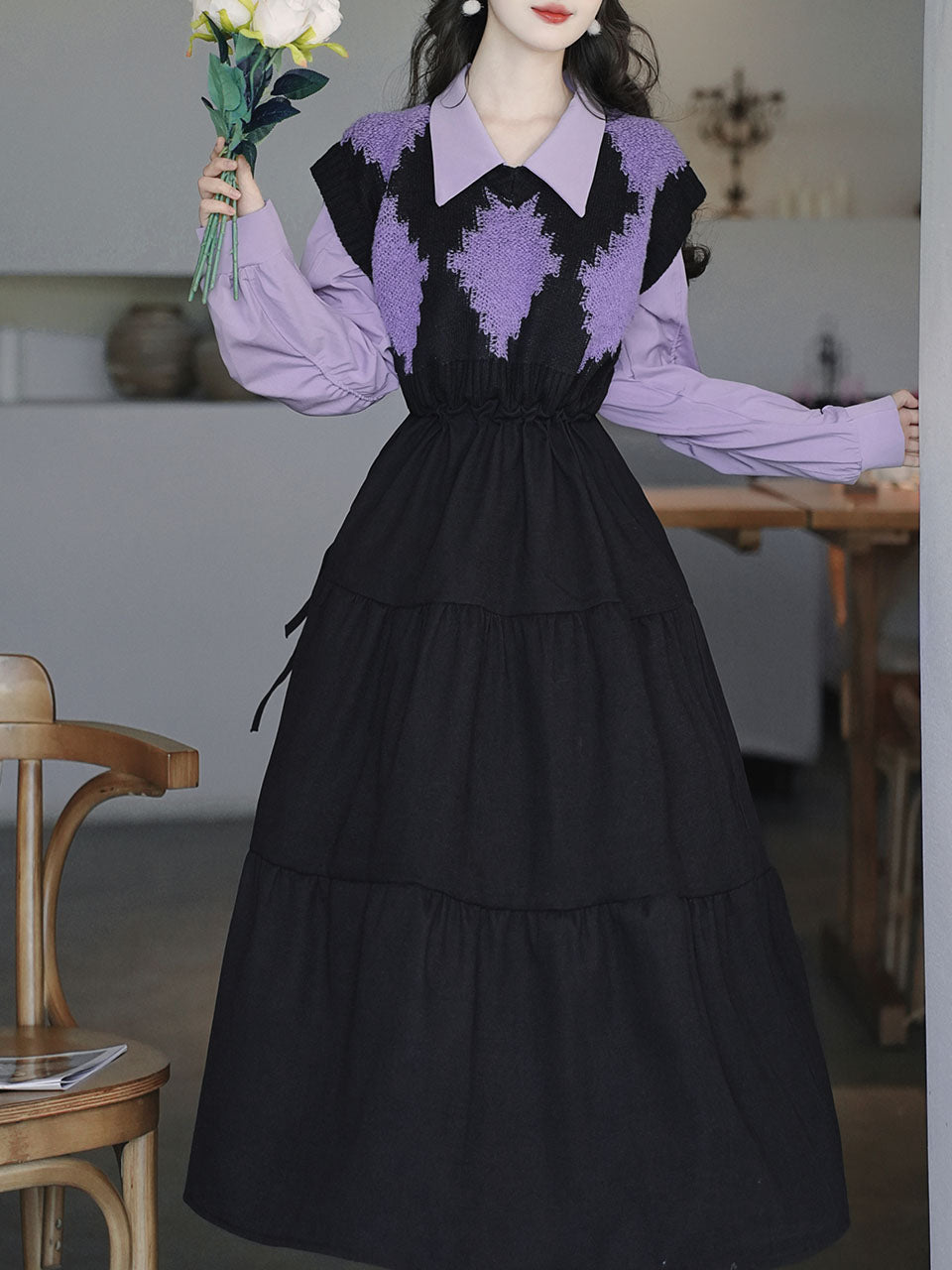 Purple Knitted Vest Fake Two Piece Long Sleeve Vintage Winter Dress, Purple / S Purple Knitted Vest Fake Two Piece Long Sleeve Vintage Winter Dress, Purple / S