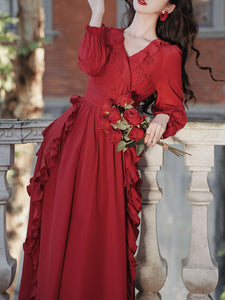 Red Rose V Neck Ruffles Long Sleeve Princess 1950S Vintage Dress