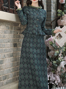 Blue Maisel Style Long Sleeve Retro Diamond Plaid Coat and Skirt Vintage Suit For Women