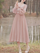 Load image into Gallery viewer, Pink Rose Girl Retro Lace V-neck Chiffon Long Lantern Sleeve Coquette Dress