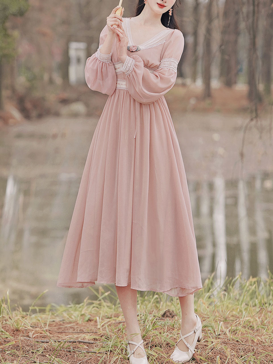 Pink Rose Girl Retro Lace V-neck Chiffon Long Lantern Sleeve Coquette Dress Pink / M
