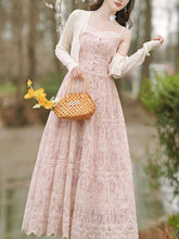 Load image into Gallery viewer, 2PS Pink Embroidered lace Spaghetti Strap Dress With White Shawl Dress Suit