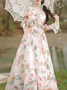 1950S White Ruffles V Neck Floral Print Swing Dress For Women