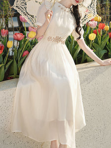 White Ruffles Collar Embroidered Puff Sleeve 1950S Vintage Dress