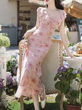 Load image into Gallery viewer, Lychee Rose Ruffle Round Neck Bodycon Chiffon Dress