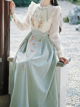 Load image into Gallery viewer, 2PS Blue Stand Collar Embroidered Top and White Horse-face Skirt Vintage Suits