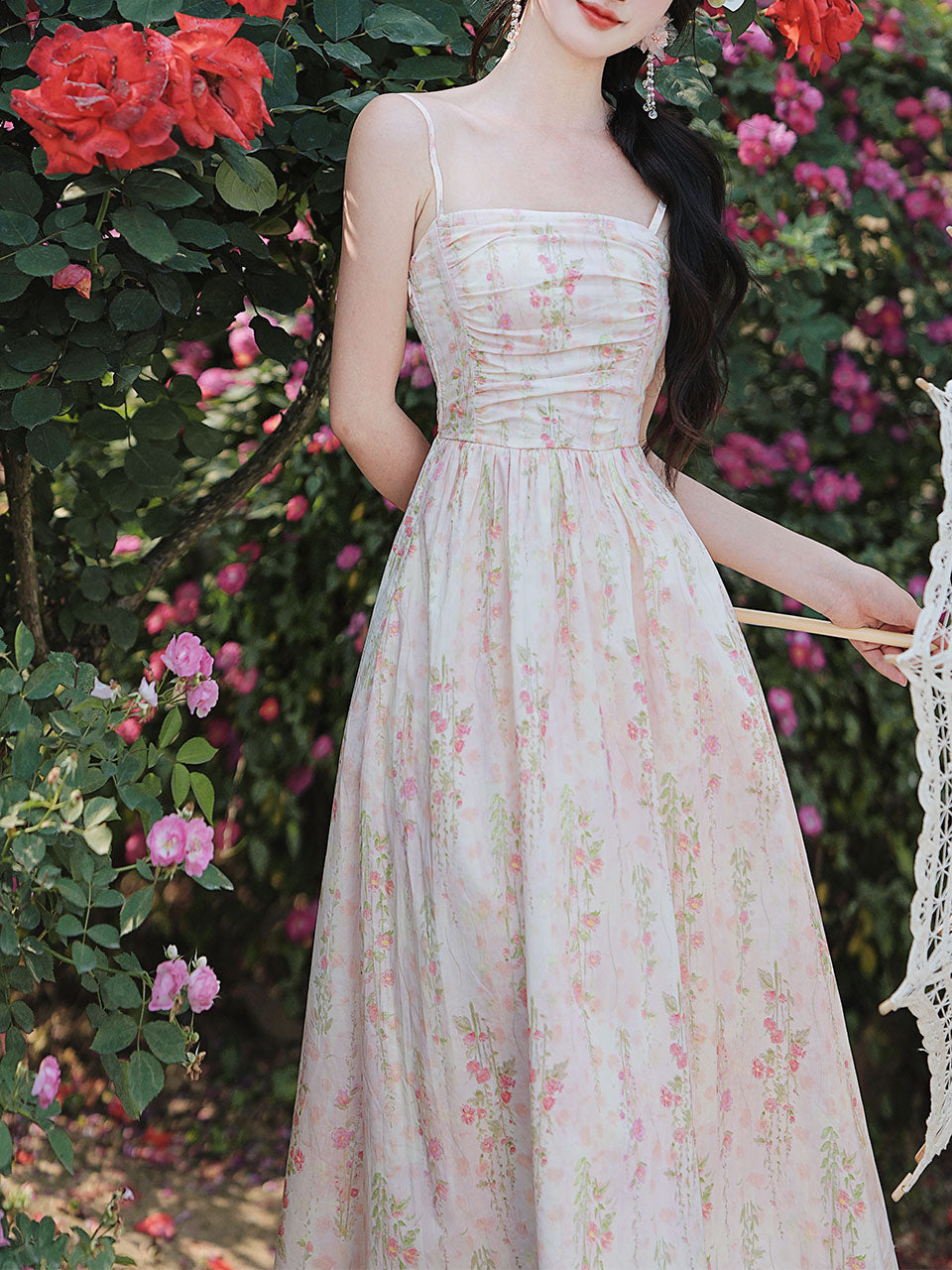 Pink Floral Print Spaghetti Strap Cottagecore Dress, Pink / M Pink Floral Print Spaghetti Strap Cottagecore Dress, Pink / M