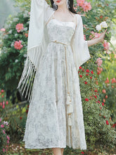 Load image into Gallery viewer, 2PS White Butterfly Print Spaghetti Strap 1950S Vintage Dress With Long Sleeve Tassel Cardigan
