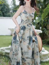 Load image into Gallery viewer, 2PS Blue Floral Print Spaghetti Strap 1950S Vintage Dress With Long Sleeve Cardigan
