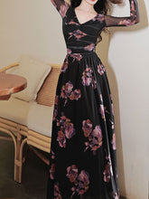 Load image into Gallery viewer, Black V-neck Floral Print Long Sleeve Maxi Dress