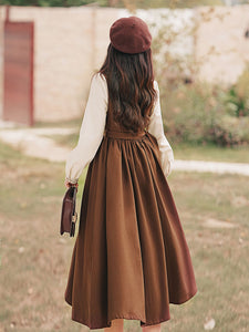 2PS Embroidered Stand Collar Vintage Fall Shirt Set Dress