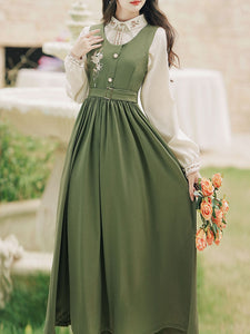 2PS Embroidered Stand Collar Vintage Fall Shirt Set Dress