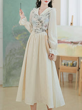 Load image into Gallery viewer, White V Neck Printed Long Sleeve Corset Vintage Dress