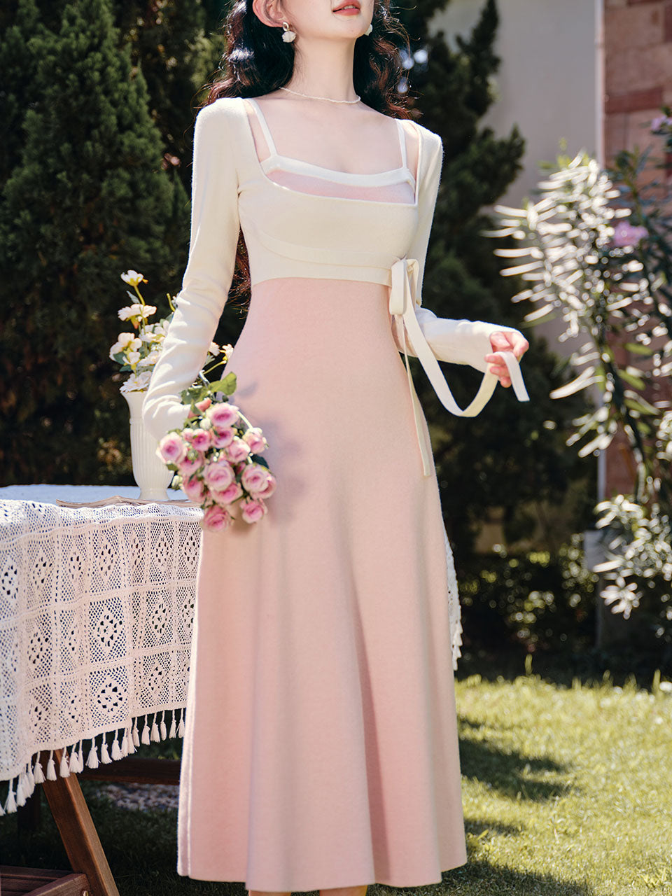 Sweet Pink Long Sleeve Knitted Sweater Dress, Pink / M