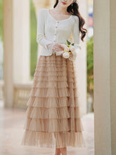 Load image into Gallery viewer, 2PS White V Neck Knitted Sweater and Swing Mesh Fairy Skirt Dress Set
