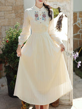 Load image into Gallery viewer, White Stand Collar Long Sleeved Embroidered Cotton Dress