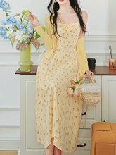 Load image into Gallery viewer, 2PS Yellow Floral Spaghetti Strap 1950S Vintage Dress With Long Sleeve Ruffles Cardigan