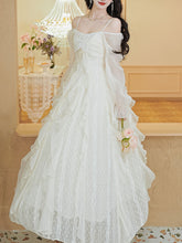 Load image into Gallery viewer, Vintage White Square Neck Butterfly Sequins  Lace Ruffle Long Sleeve Dress