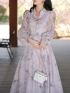 Purple Stand Collar Puff Long Sleeve Vintage Dress