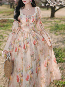 Pink Square Collar Floral Lace Ruffles Edwardian Revival Vintage Dress
