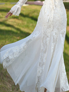 White V Neck Lace Flowers Long Sleeve Fishtail Wedding Vintage Dress