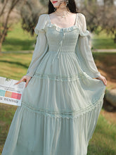Load image into Gallery viewer, Green Square Collar Lace Ruffles Edwardian Revival Vintage Dress