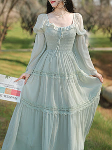 Green Square Collar Lace Ruffles Edwardian Revival Vintage Dress