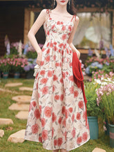 Load image into Gallery viewer, 2PS Red Rose Spaghetti Strap 1950S Vintage Dress With Long Sleeve Ruffles Cardigan