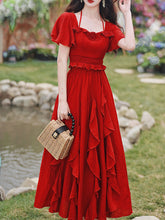 Load image into Gallery viewer, 2PS Red Rose Ruffles Spaghetti Strap Top and High Waist Swing Dress Set